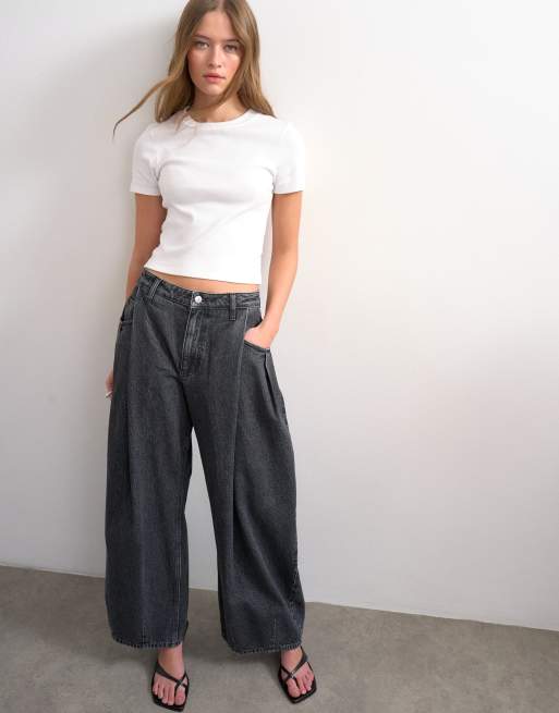 Topshop - Cocoon - Sorte forvaskede barrel-jeans med mellemhøj talje