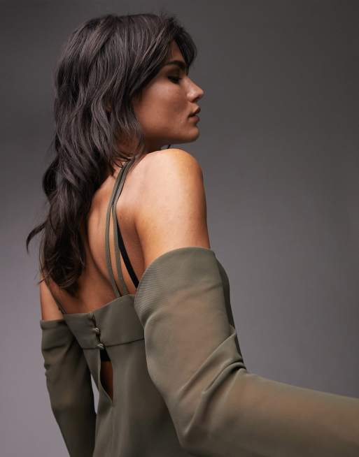 Topshop cold shoulder strappy long sleeve top in khaki