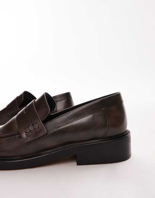 Topshop - Cole - Mocassins à bout carré en cuir de qualité supérieur - Marron, 3 de 4