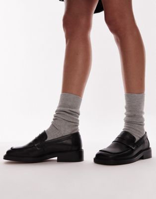 Topshop Cole premium leather square toe loafers in black - ASOS Price Checker