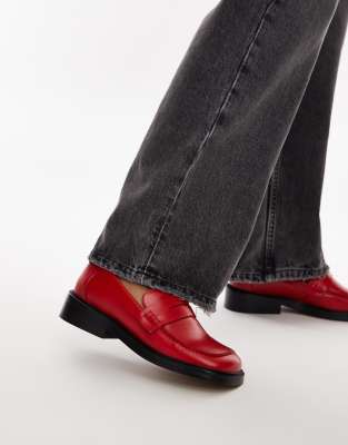 Topshop Cole Premium Leather Square Toe Loafers In Red