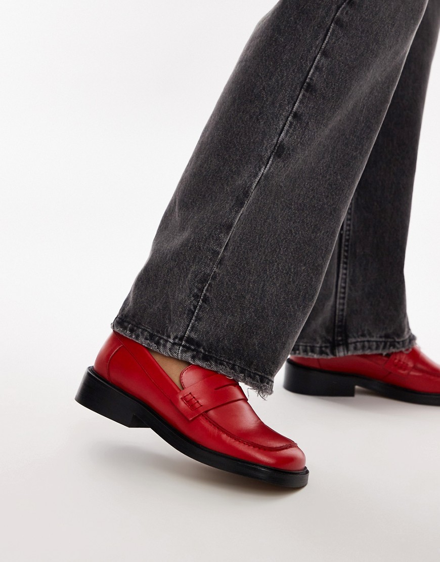 Topshop Cole premium leather square toe loafers in red