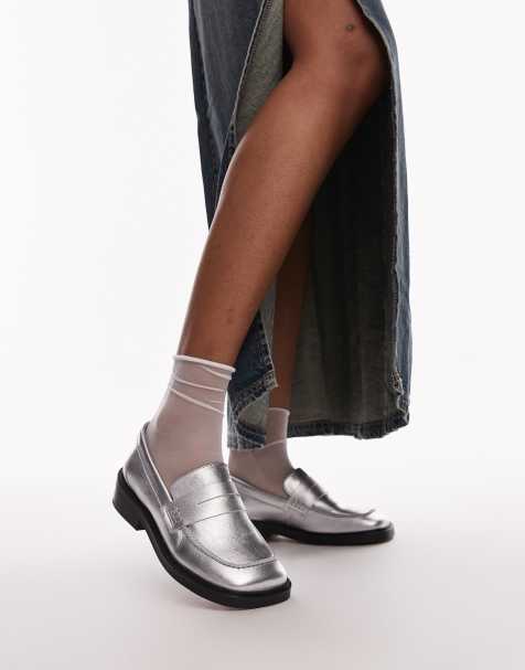 Topshop Cole premium leather square toe loafers in silver - view 1