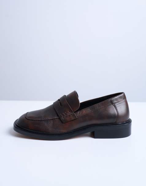 Topshop Cole premium real leather square toe loafers in distressed brown - view 1