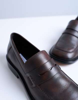 Topshop Cole Premium Real Leather Square Toe Loafers In Brown