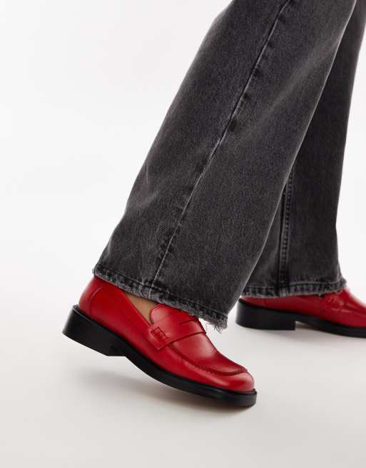 Topshop – Cole – Premium – Röda loafers i läder med fyrkantig tå