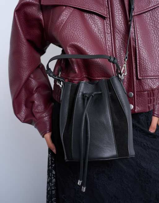 Topshop - Colette - Borsa a secchiello nera in vero camoscio con pannelli in pelle, 4 di 4