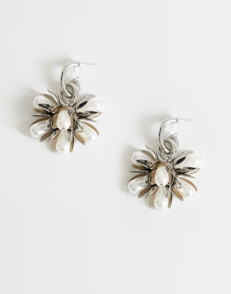 Topshop Colette flower cluster drop earrings in silver and pearl - view 1