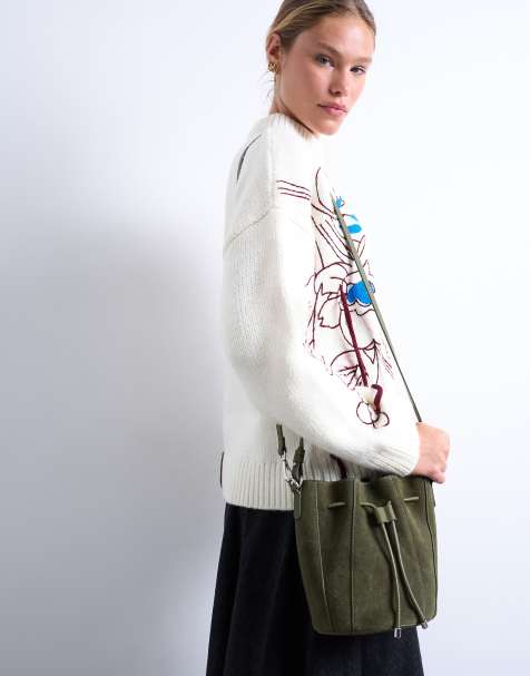 Topshop – Colette – Kakifärgad hinkväska i äkta mocka - view 1