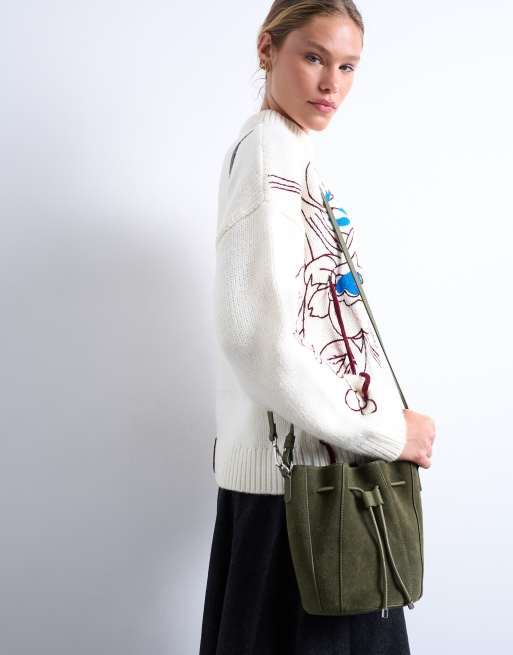 Topshop – Colette – Torebka bucket z naturalnego zamszu w kolorze khaki