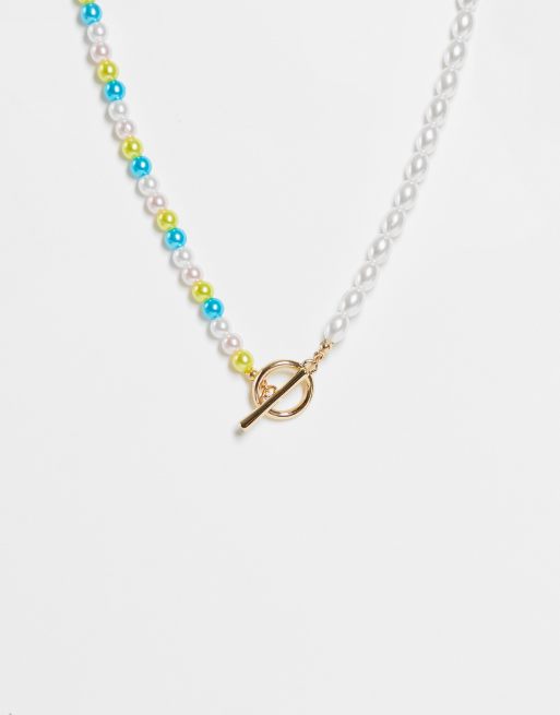 Topshop - Collana metà con perle e metà con perline con chiusura a T, colore oro