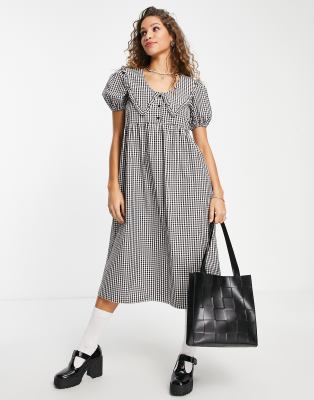 Topshop collar gingham midi dress in mono