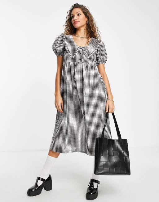 トップショップ Topshop collar gingham midi dress in mono レディース-