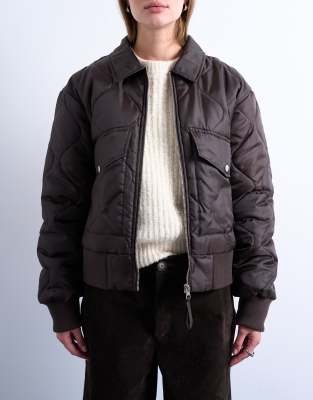 Topshop Collared Liner Cropped Bomber Jacket In Brown