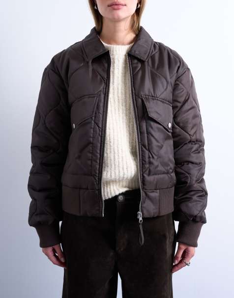 Topshop collared liner cropped bomber jacket in chocolate - view 1