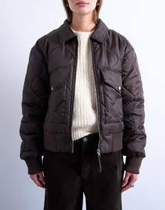 Collared liner cropped bomber jacket in chocolate