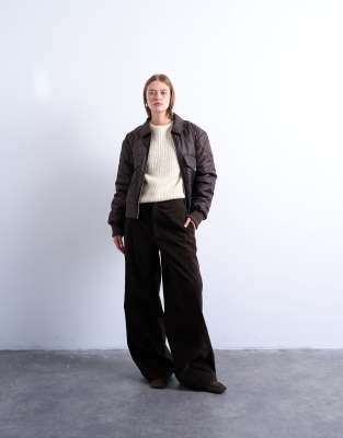 Topshop Collared Liner Cropped Bomber Jacket In Brown