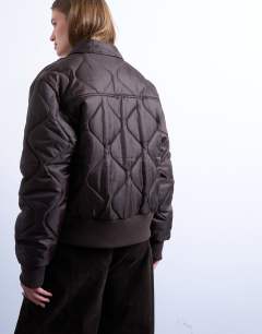 Model wearing Collared liner cropped bomber jacket in chocolate