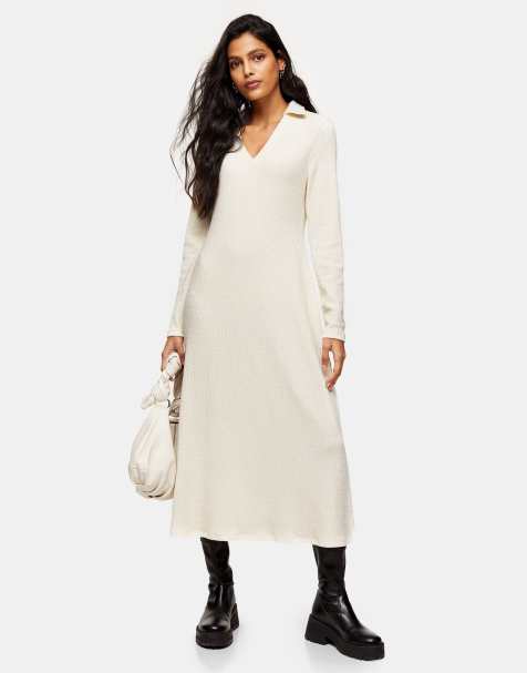 Topshop collared midi dress in cream - view 1
