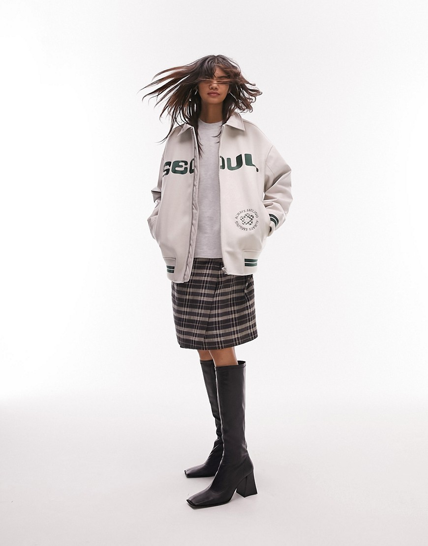 Topshop collared varsity bomber jacket with seoul graphic in cream-White