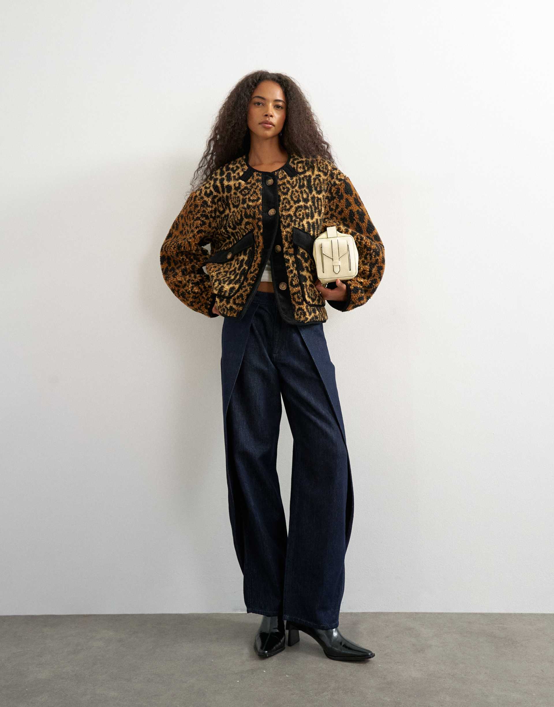 Topshop collarless cord fleece jacket in animal print