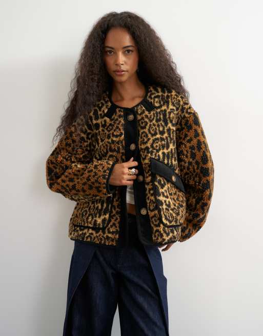 Topshop collareless cord fleece jacket in animal print, 2 of 4