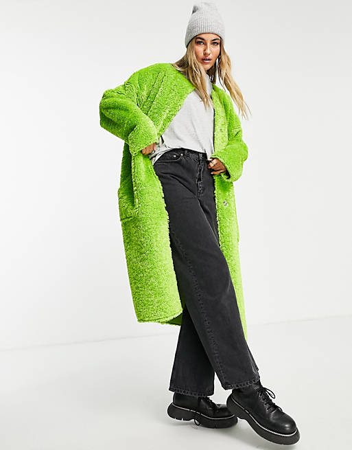 Women Topshop collarless borg coat in lime green 