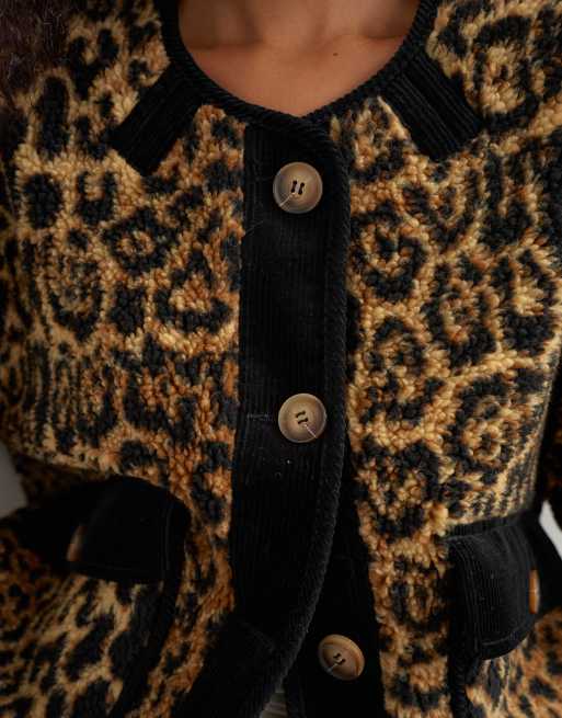 Topshop collarless corduroy fleece jacket in animal print, 3 of 4