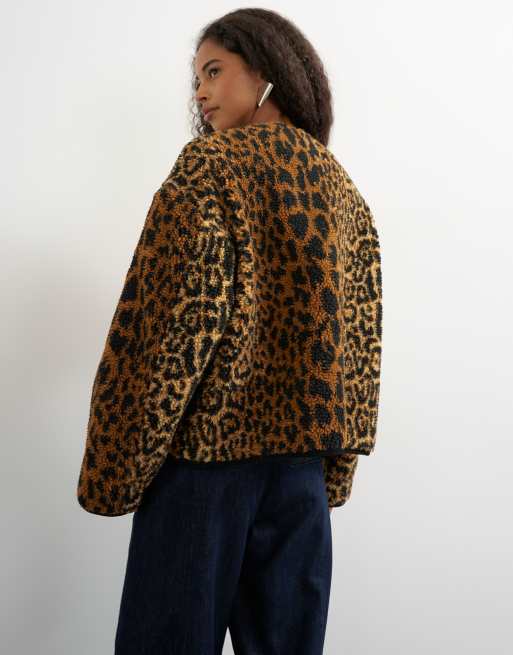 Topshop collarless corduroy fleece jacket in animal print, 4 of 4
