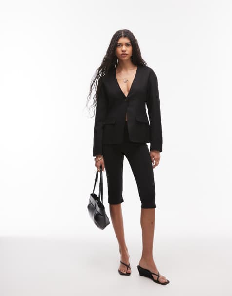 Topshop collarless linen mix ovoid sleeve blazer in black - view 1