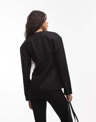 Topshop Collarless Linen Mix Ovoid Sleeve Blazer In Black