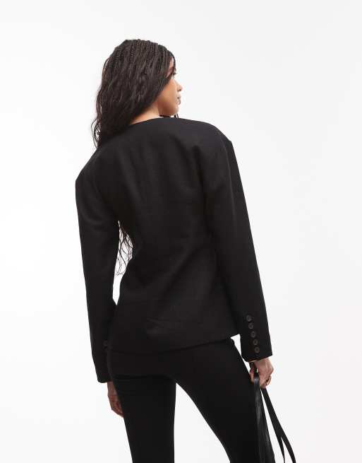 Topshop collarless linen mix ovoid sleeve blazer in black