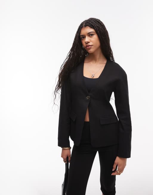 Topshop collarless linen mix ovoid sleeve blazer in black
