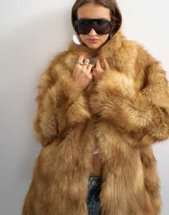 Model wearing Collarless mid length faux fur coat in multi