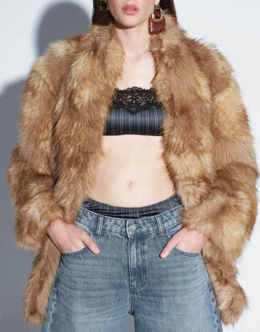 Topshop collarless mid length faux fur coat in multi, 2 of 8