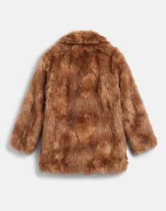 Model wearing Collarless mid length faux fur coat in multi