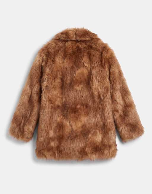 Topshop collarless mid length faux fur coat in multi, 6 of 8
