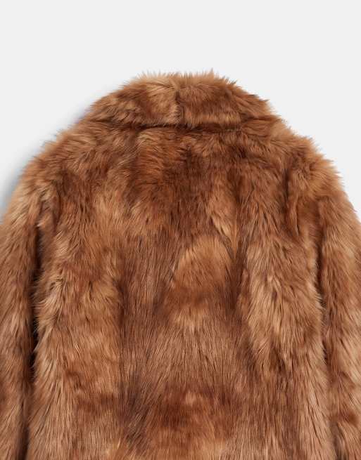 Topshop collarless mid length faux fur coat in multi, 8 of 8