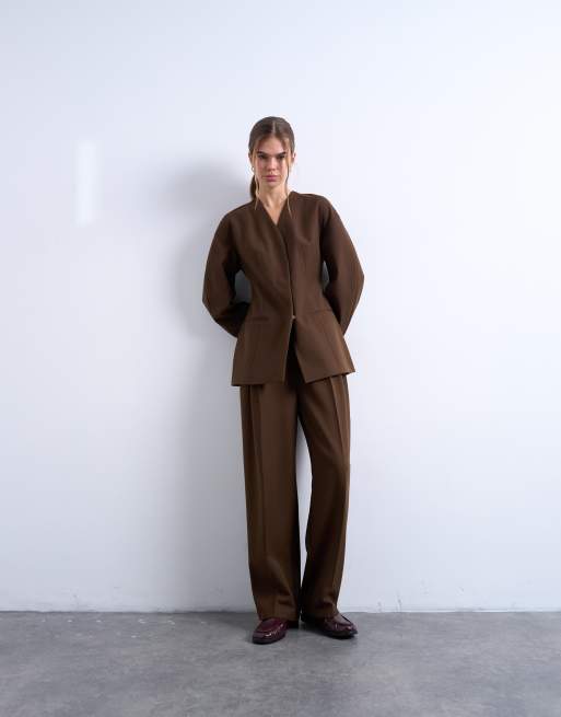 Topshop collarless ovoid sleeve blazer in chocolate (part of a set), 2 of 4