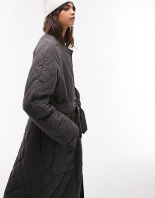 Topshop Collarless Quilted Coat In Charcoal-gray