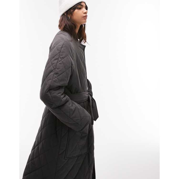 Topshop Collarless Quilted Coat in charcoal