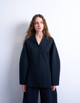 Topshop Collarless Structured Blazer In Blue