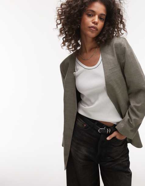 Topshop collarless throw on blazer in gray plaid - view 1
