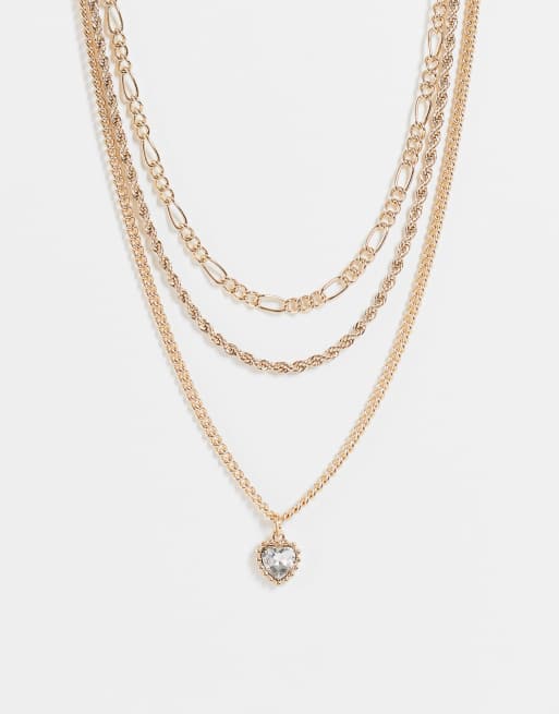 Topshop - Collier multi-rangs avec pendentifs cœurs à cristaux - Doré