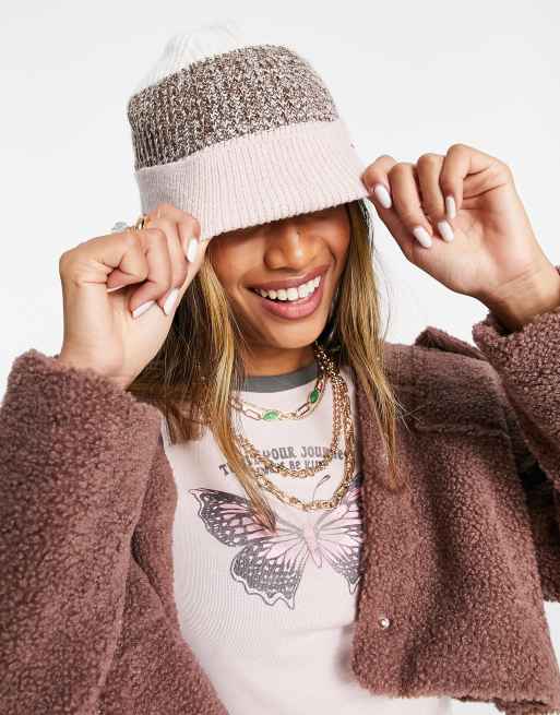 Topshop Color Block Beanie with Tab in Pink
