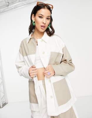 Topshop Color Block Cotton Shacket In White And Beige