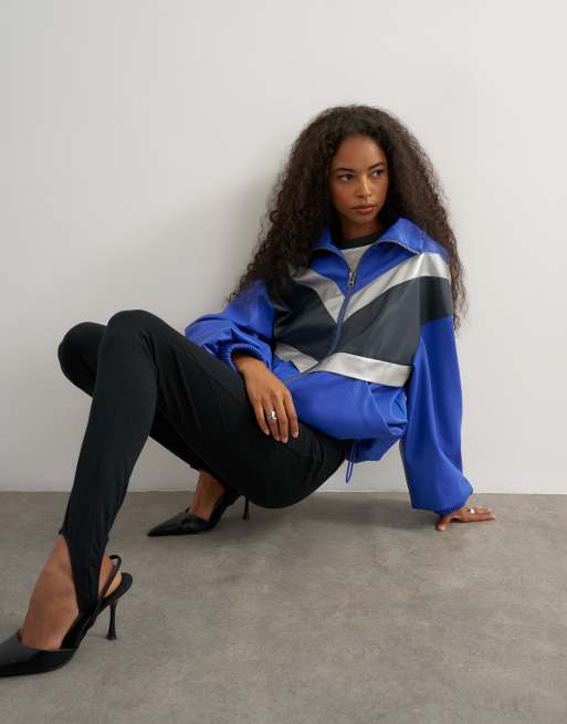 Topshop color block leather look track jacket in blue, 1 of 4
