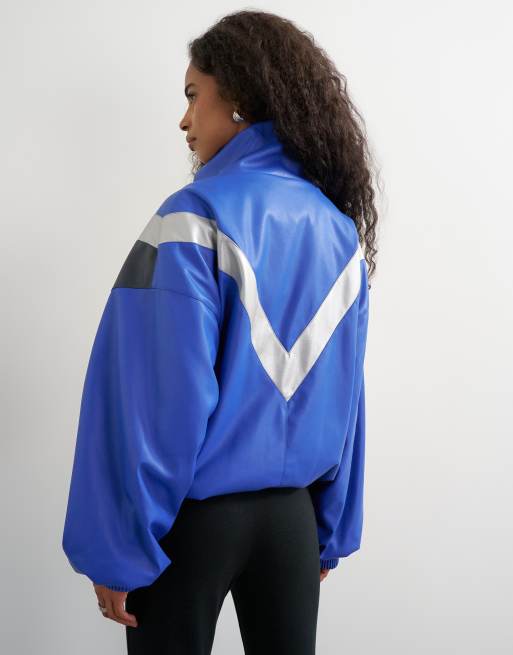 Topshop color block leather look track jacket in blue, 4 of 4