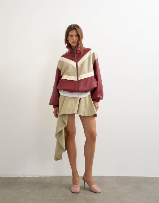 Topshop color block leather look track jacket in red