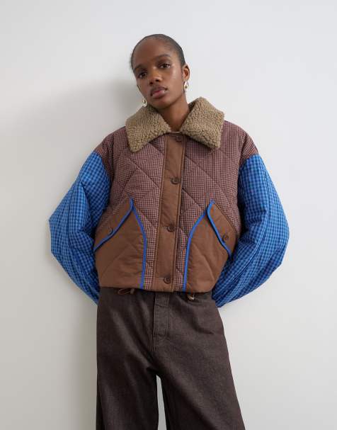 Topshop color block quilt liner with borg collar in blue - view 1